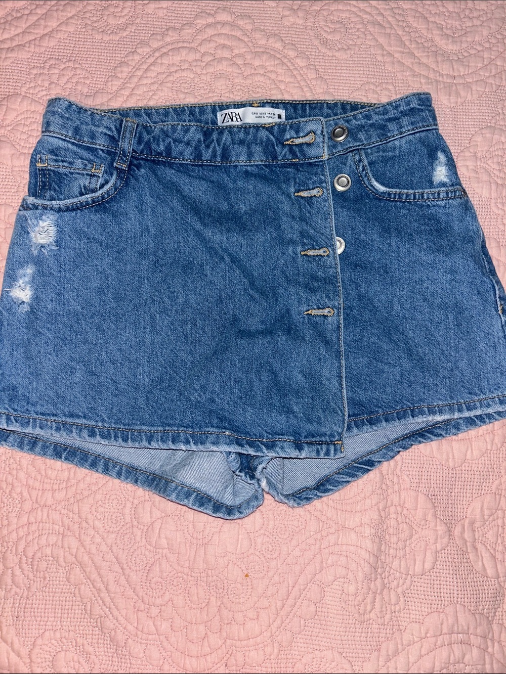 Zara Distressed Blue Denim Wrap-Front Skort